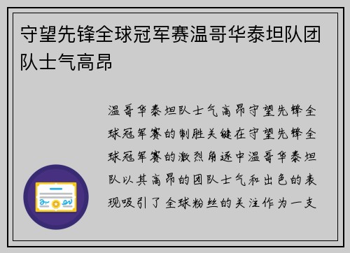 守望先锋全球冠军赛温哥华泰坦队团队士气高昂