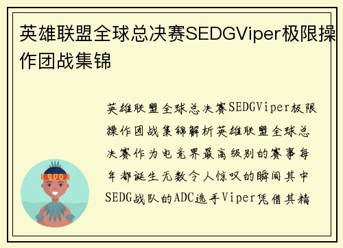 英雄联盟全球总决赛SEDGViper极限操作团战集锦
